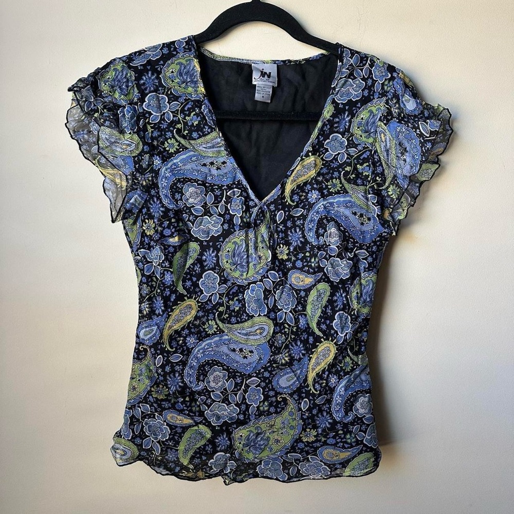 JW Vintage paisley print blouse Flutter Sleeves 100% Silk Vneck Top Y2K Retro